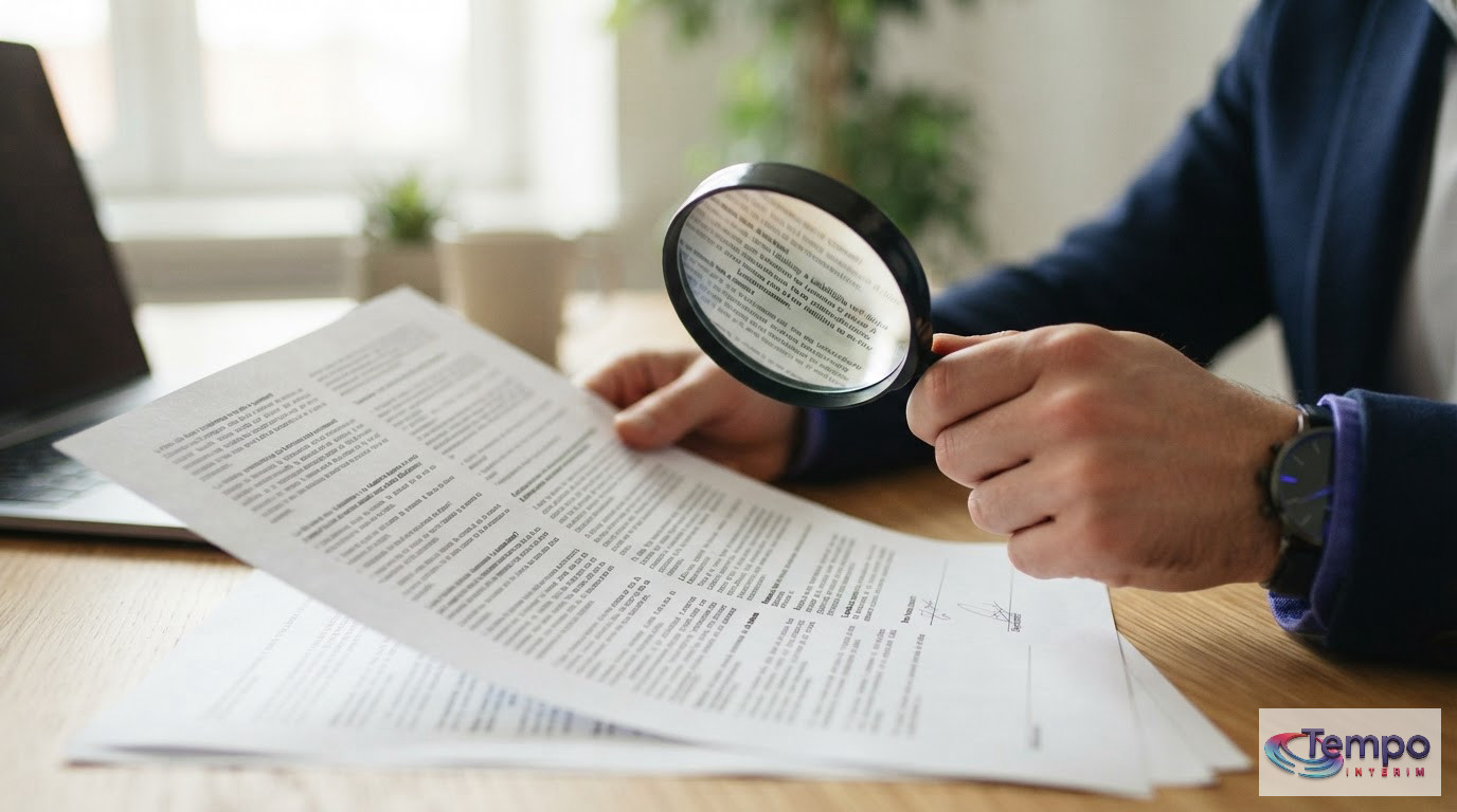 Une loupe examine une clause contractuelle bilingue français-roumain pour l'assurance.