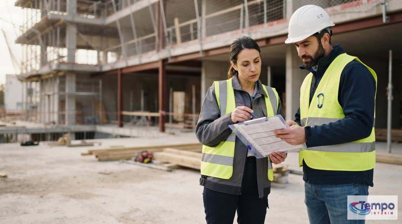 Un inspecteur du travail contrôle la conformité des documents sur un chantier.