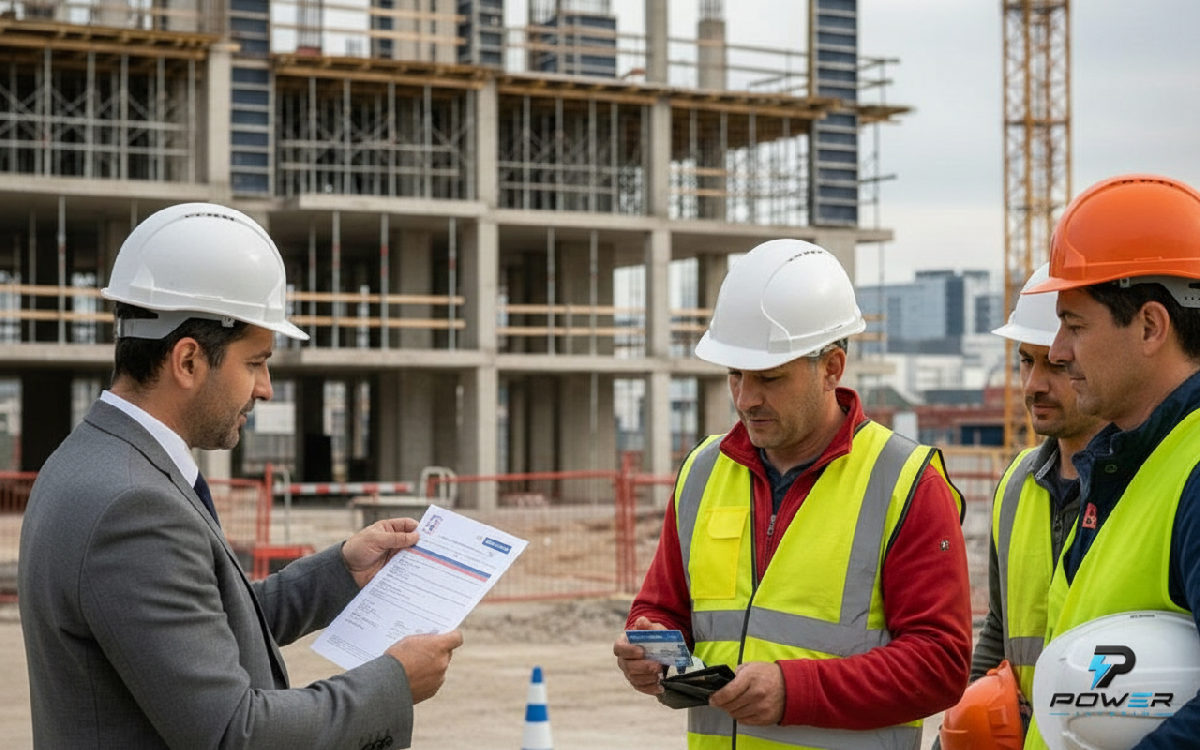 Contrôle des documents d'ouvriers roumains sur un chantier urbain.