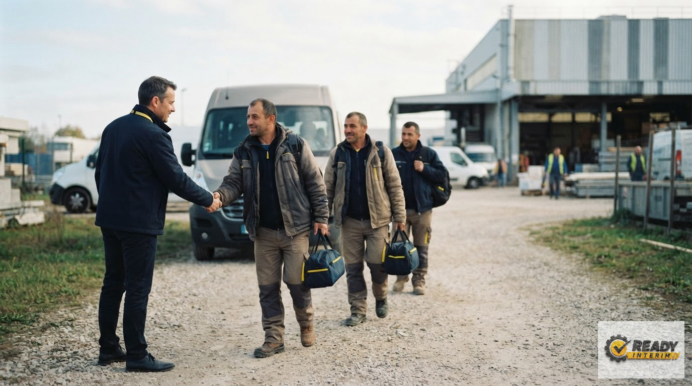 Un responsable logistique accueillant des ouvriers roumains sur un site industriel.