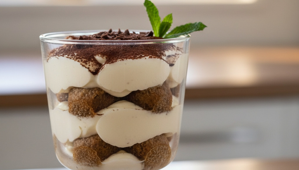 Elegancka warstwowa fit tiramisu w szklance, posypana kakao.