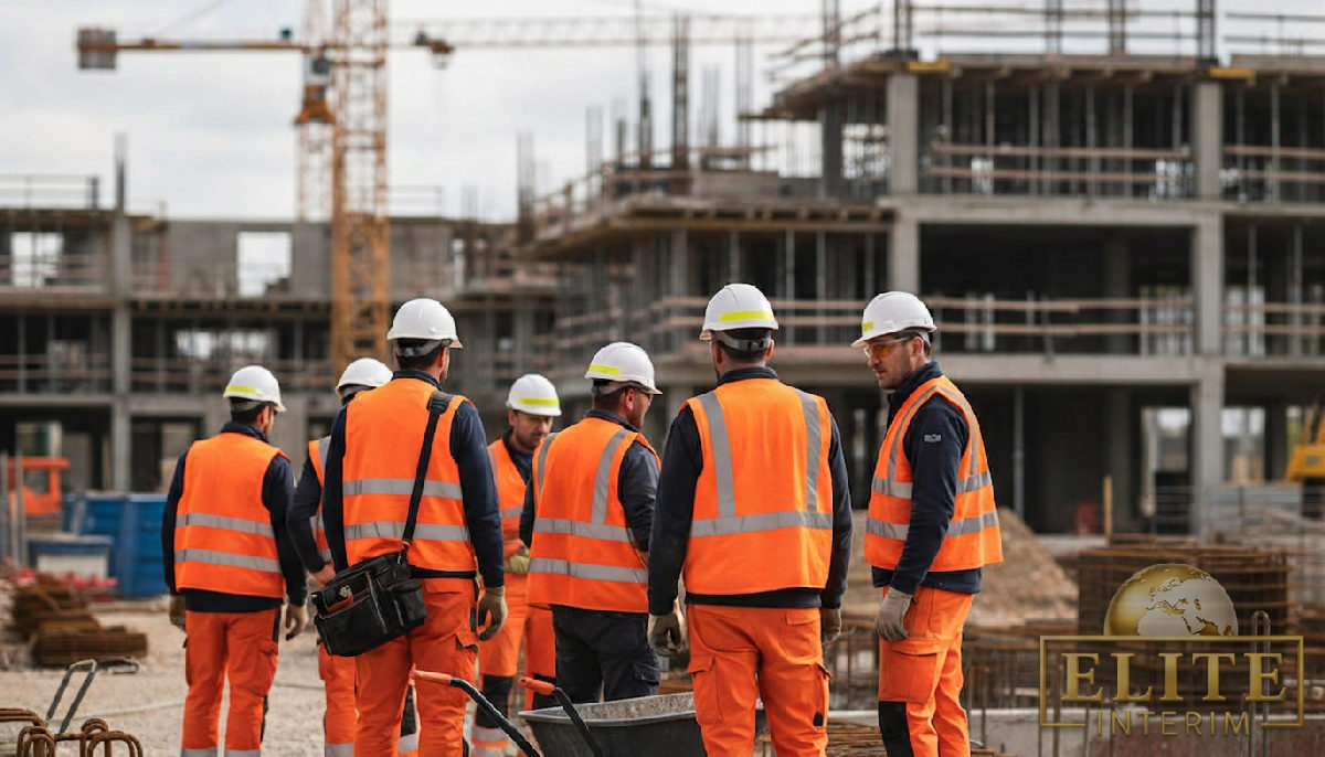 Ouvriers BTP en équipement de protection sur un chantier en France.
