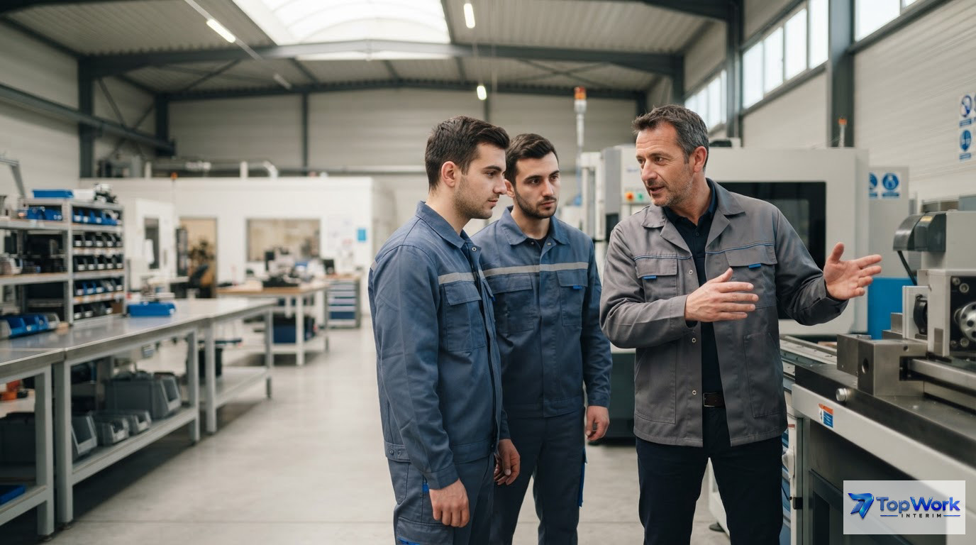 Un tuteur forme deux travailleurs roumains dans un atelier industriel moderne.