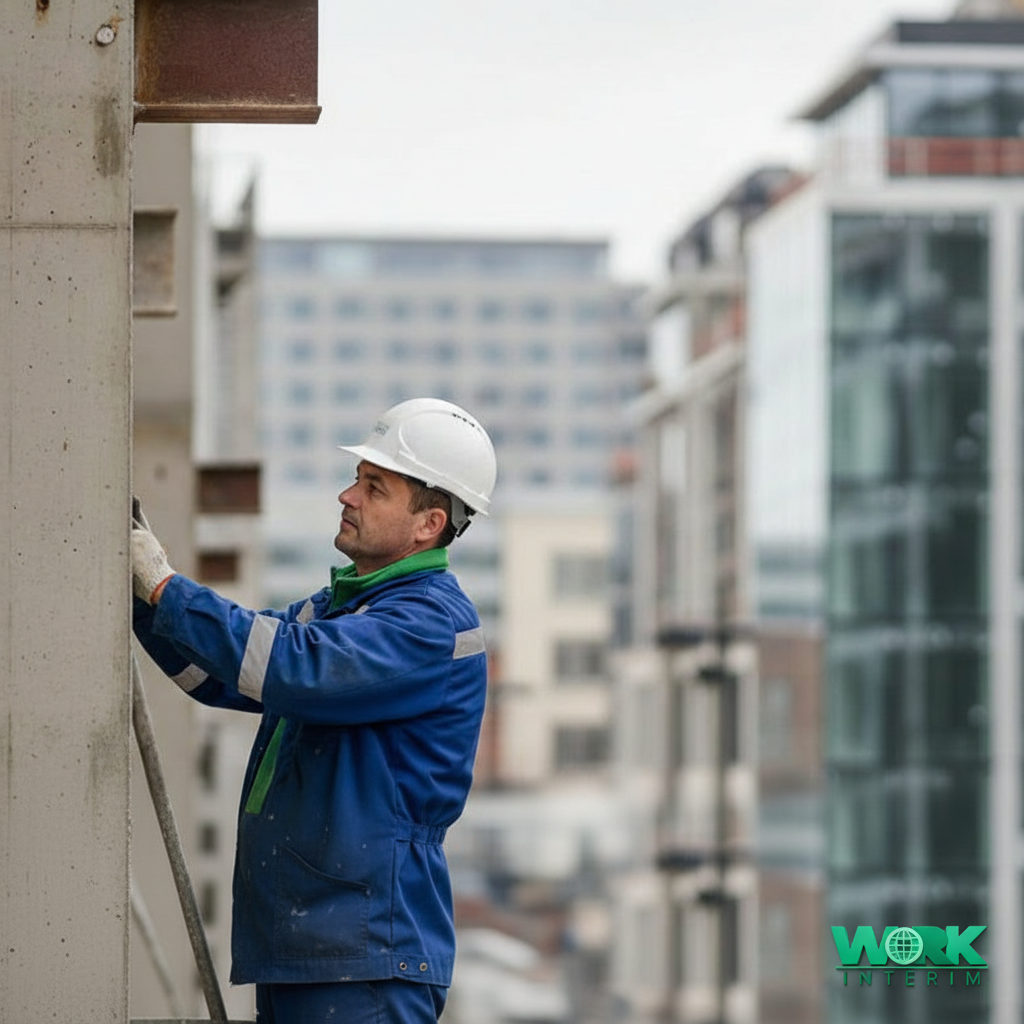 Ouvrier roumain sur un chantier moderne à Bruxelles.