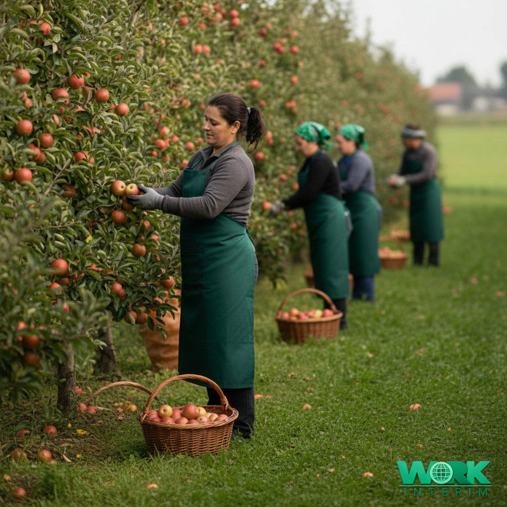 Travailleurs roumains récoltant des fruits dans un verger belge.