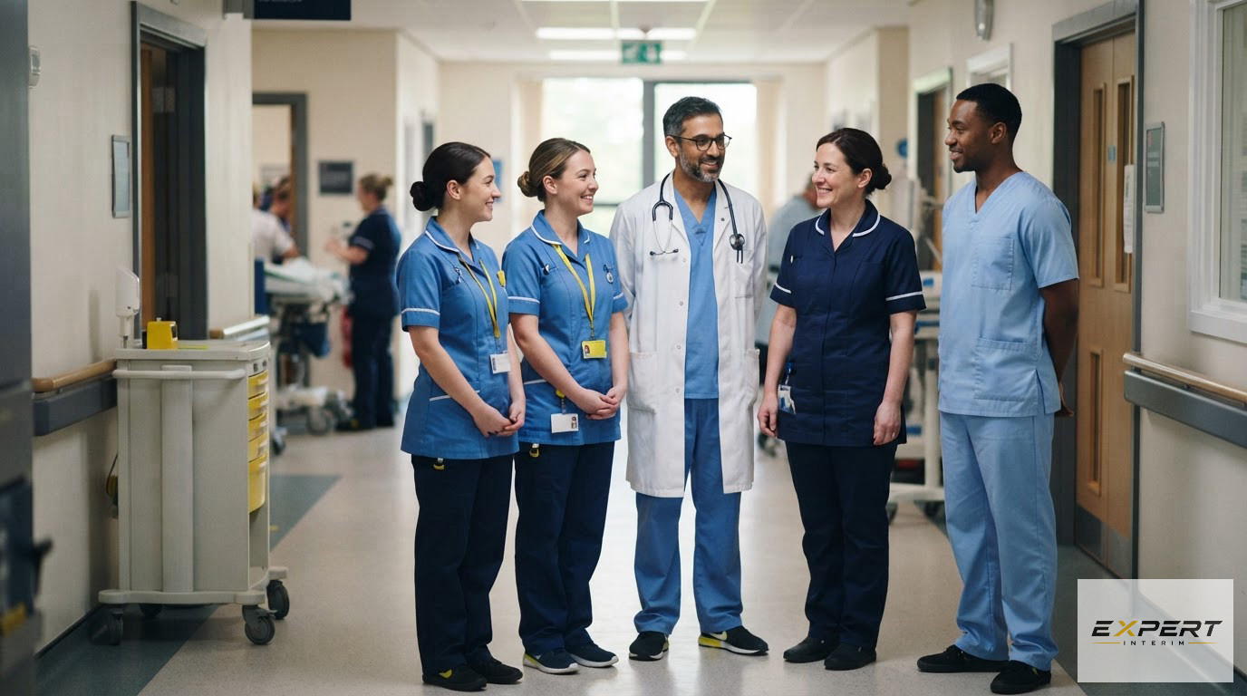 Un groupe diversifié de professionnels de santé réunis dans un couloir d'hôpital.