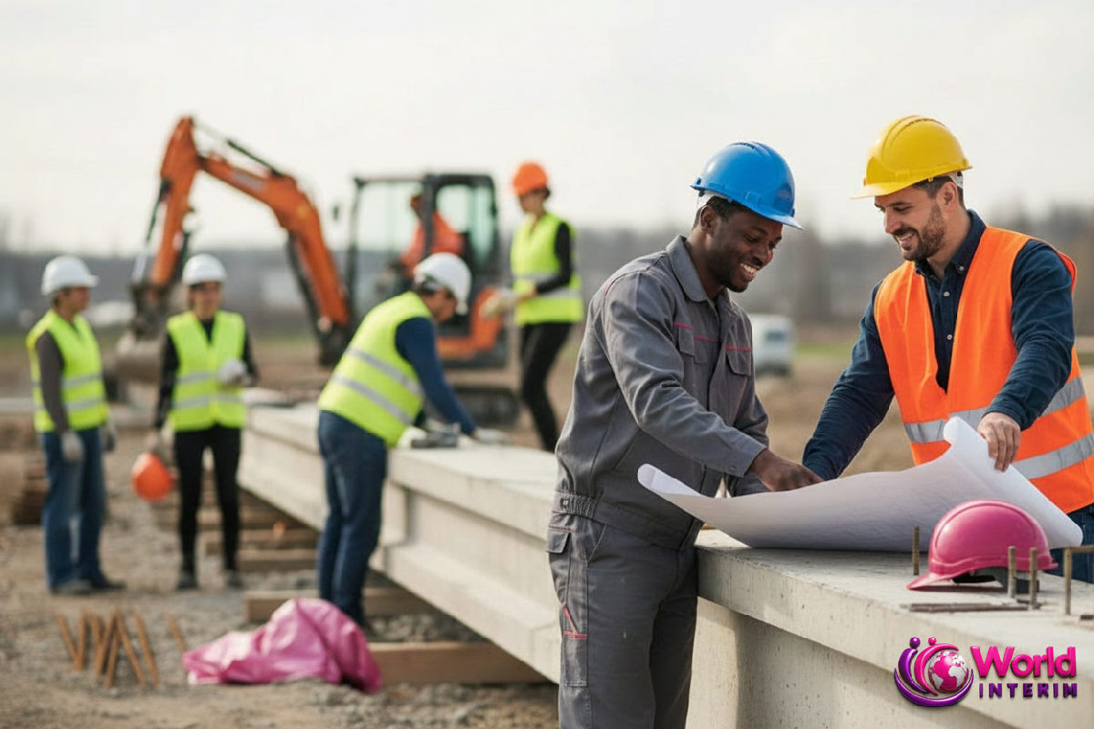 Travailleurs roumains et français collaborant sur un chantier.