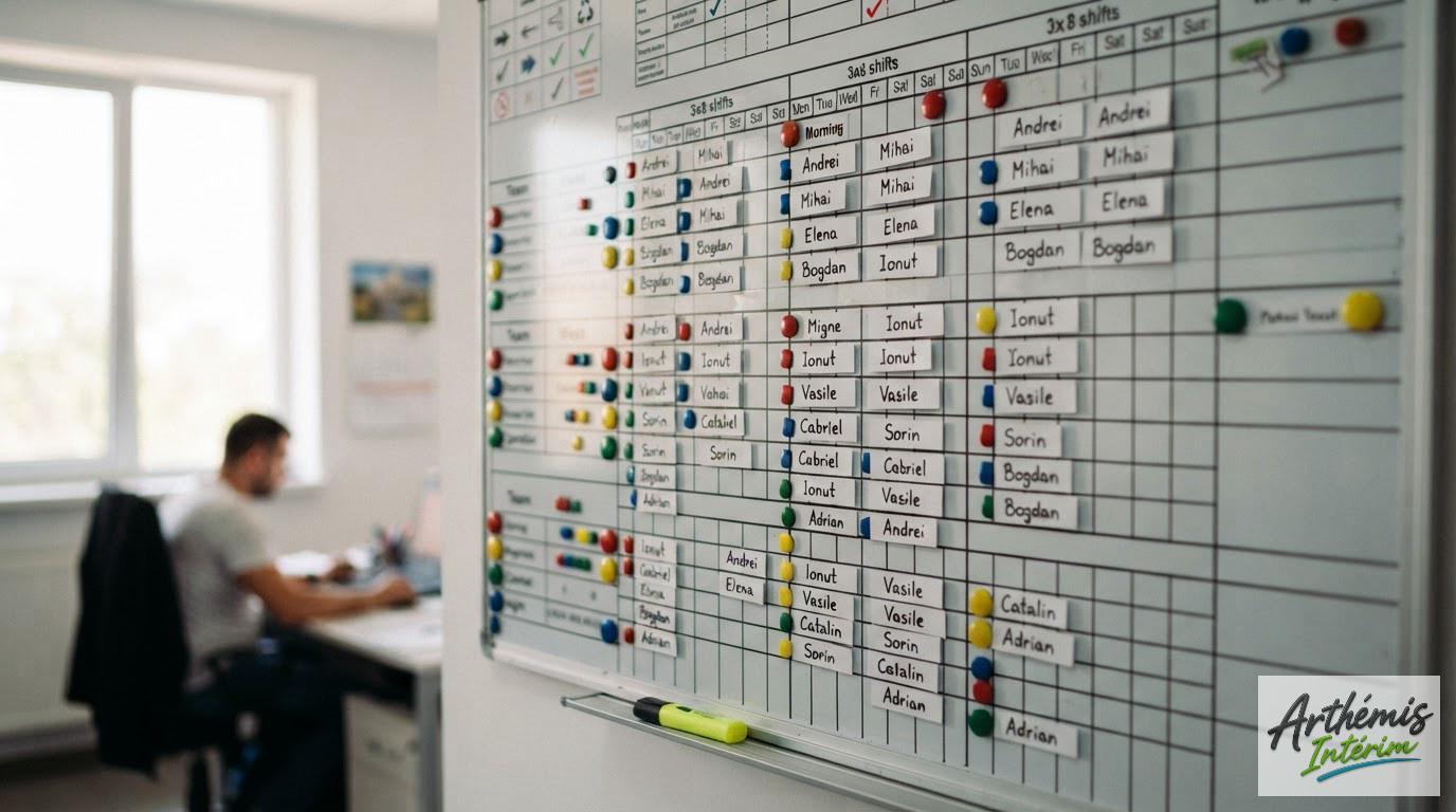 Un tableau de bord affichant des rotations 3x8 pour des travailleurs roumains.