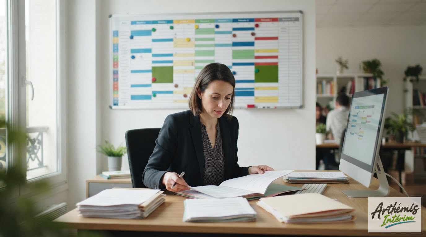 Un bureau RH avec des dossiers et un planning mural coloré et structuré.