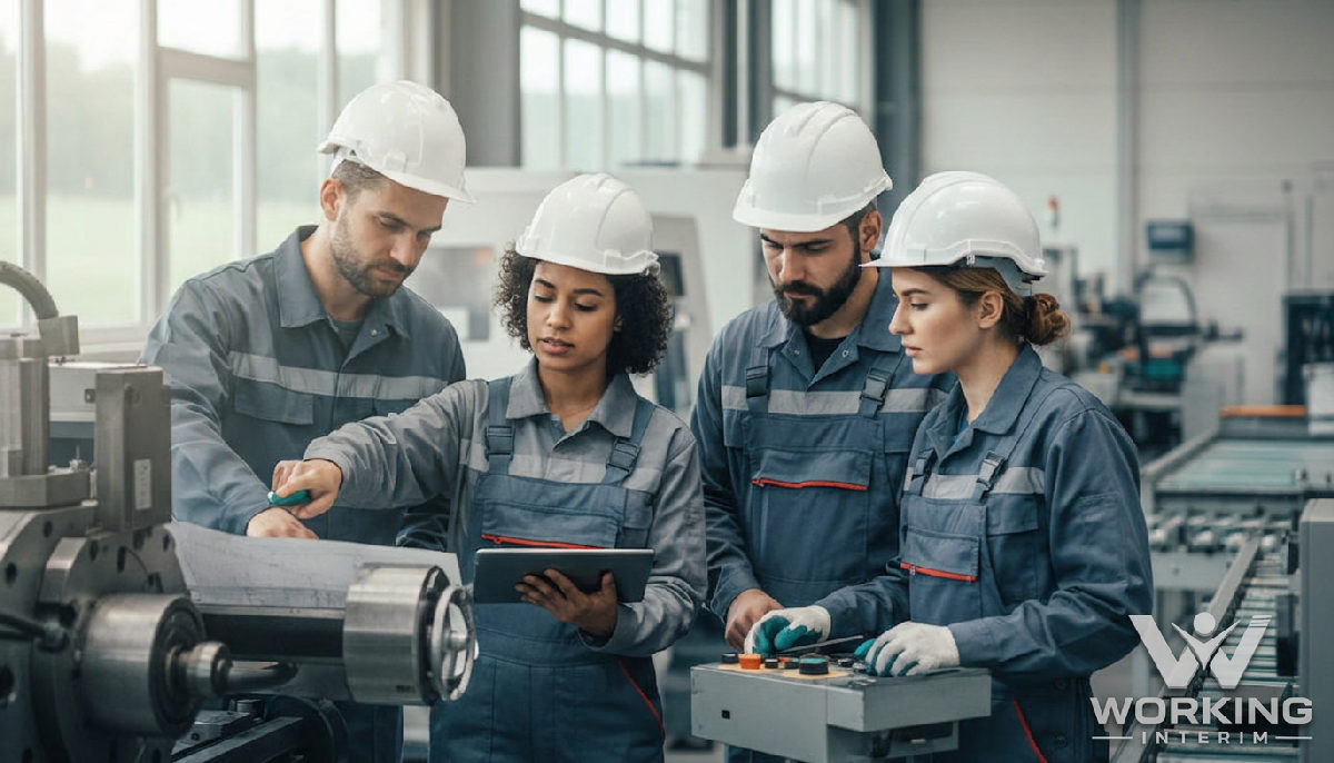 Travailleurs français et roumains collaborent dans une usine.
