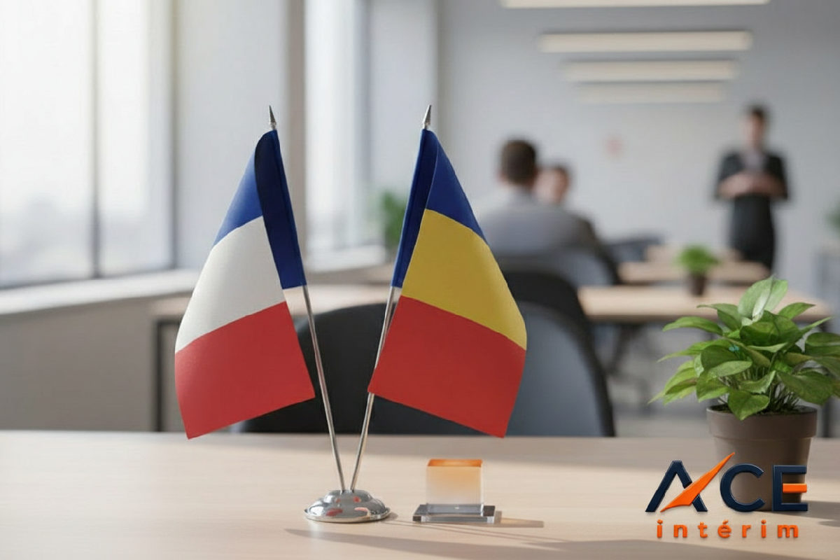Drapeaux français et roumain côte à côte dans un bureau moderne.