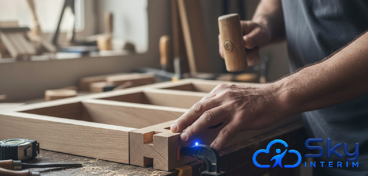 Mains d'un menuisier roumain qualifié ajustant une structure en bois avec précision.