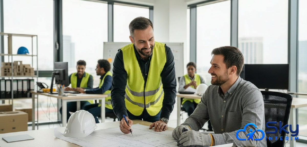 Chef de chantier français et ouvrier roumain discutant des plans au bureau.