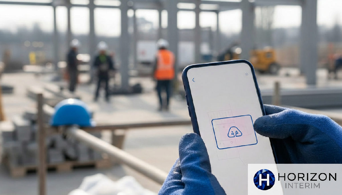 Smartphone affichant une application de traduction sur un chantier.