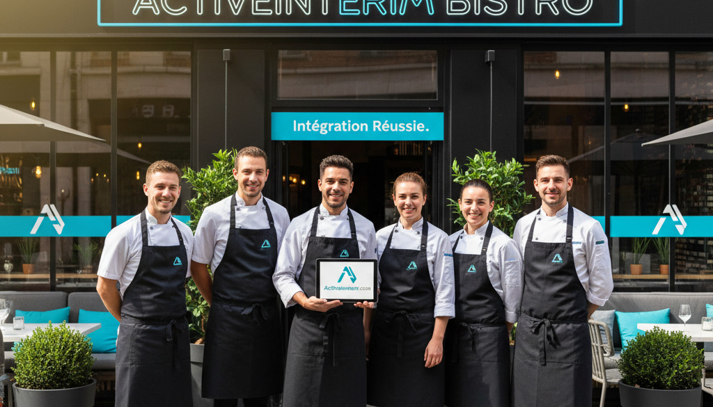 Une équipe diversifiée devant un restaurant souriant au succès.