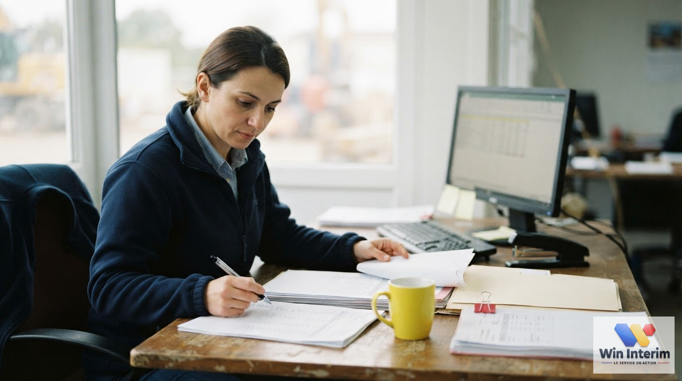 Des dossiers de paie et une calculatrice posés sur une table de bureau.