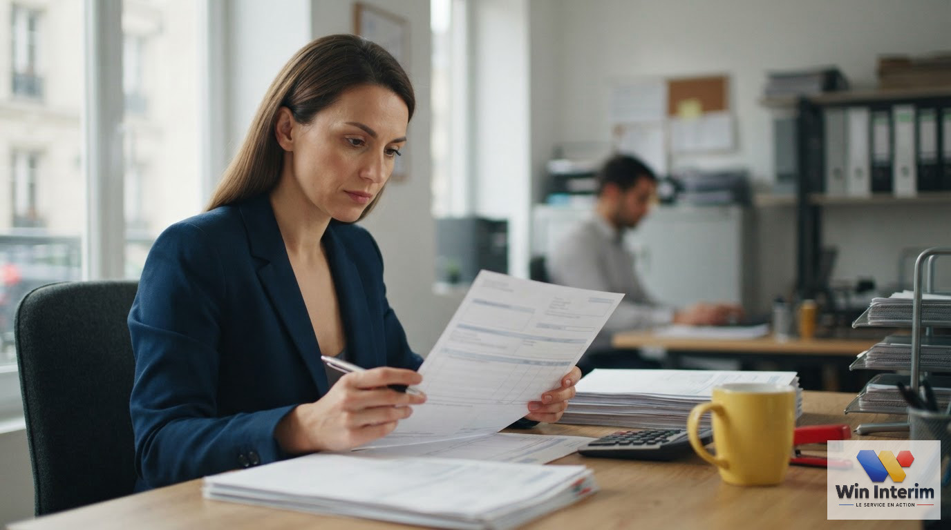 Une vue de profil d'un employé travaillant sur des fiches de paie numériques.