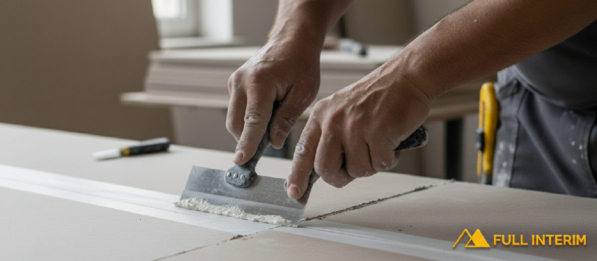 Gros plan sur les mains d'un artisan travaillant les bandes de joints.