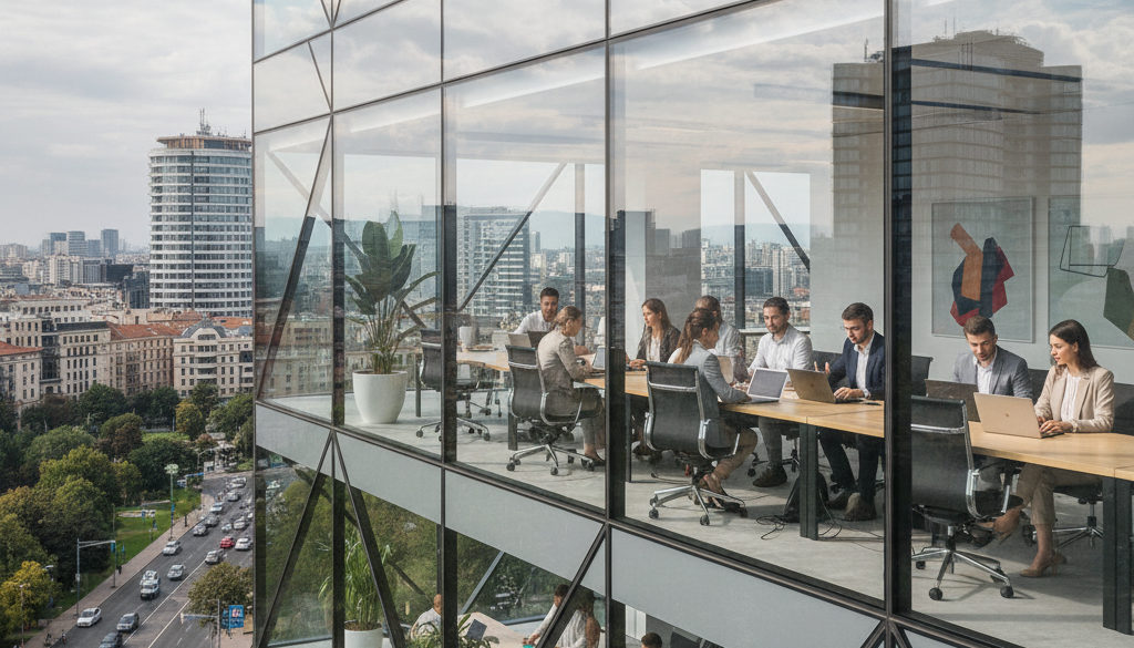 recrutement personnel Roumanie – Bâtiment de bureaux moderne à Bucarest, environnement professionnel dynamique.