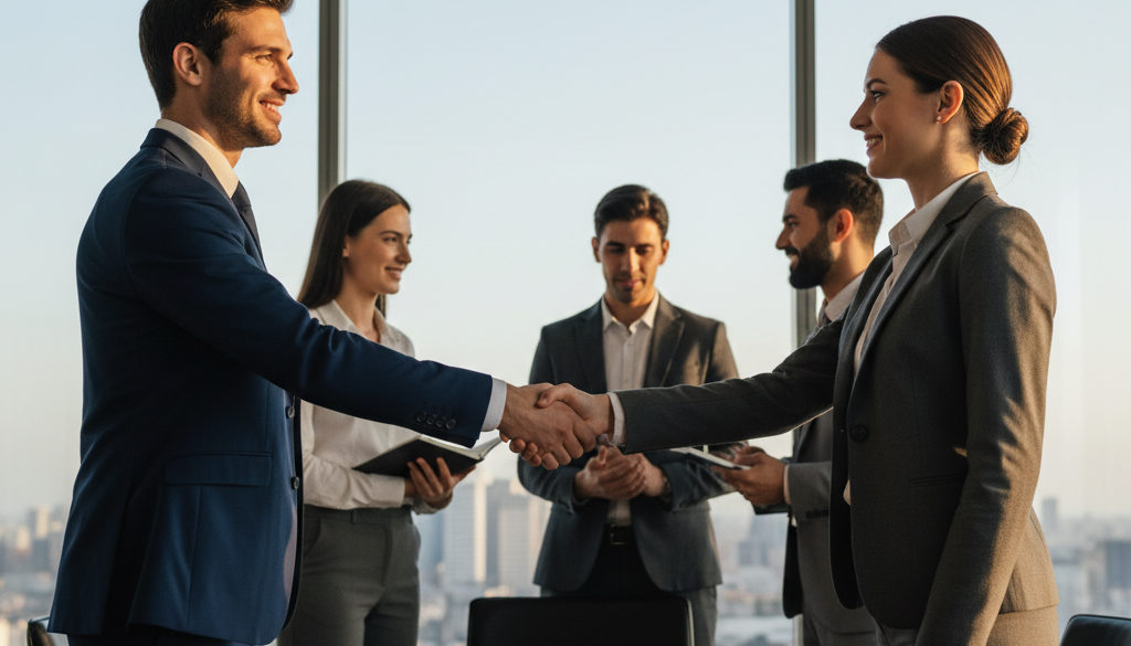 Poignée de main entre professionnels, partenariat et recrutement réussis.