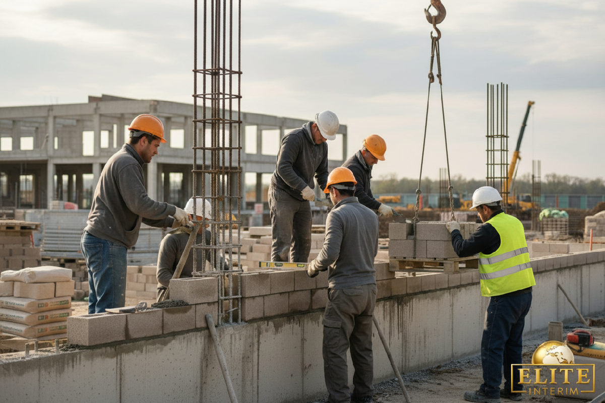 Équipe de maçons coordonnée sur un chantier de gros œuvre.