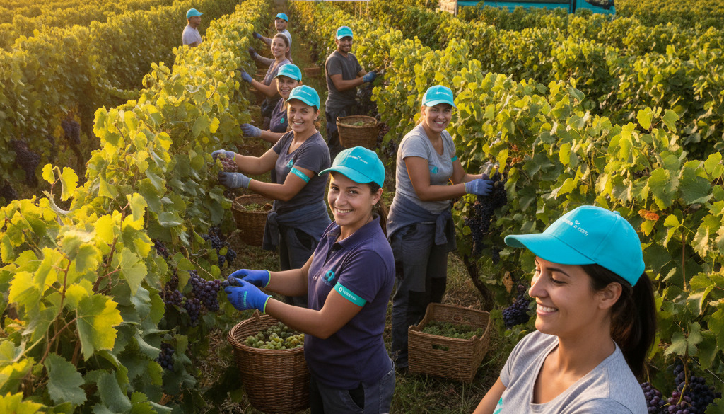 saisonnier agricole roumain recrutement - Travailleurs saisonniers roumains récoltant du raisin dans un vignoble français.