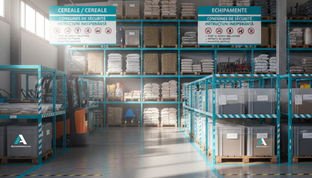 Zone de stockage agricole bien organisée avec signalisation bilingue.