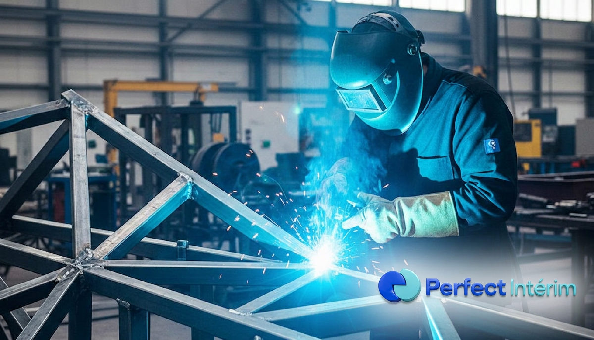Soudeur industriel qualifié travaillant sur une structure métallique complexe.