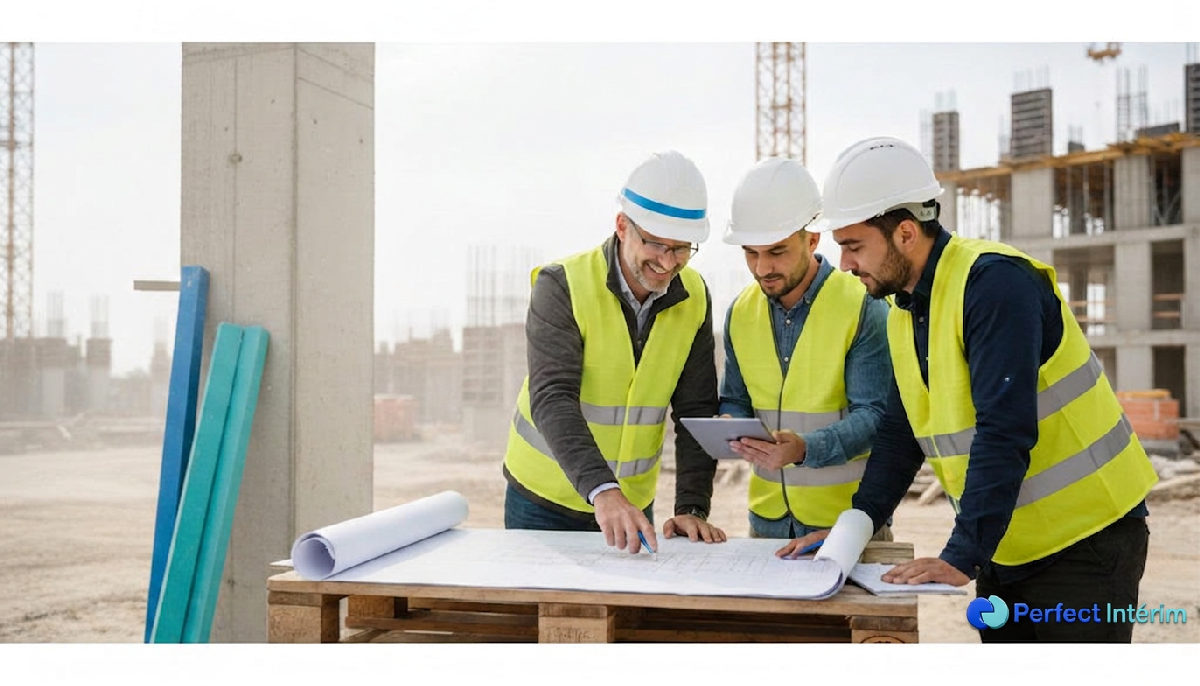 Chef de chantier français et ouvriers roumains discutant de documents techniques.