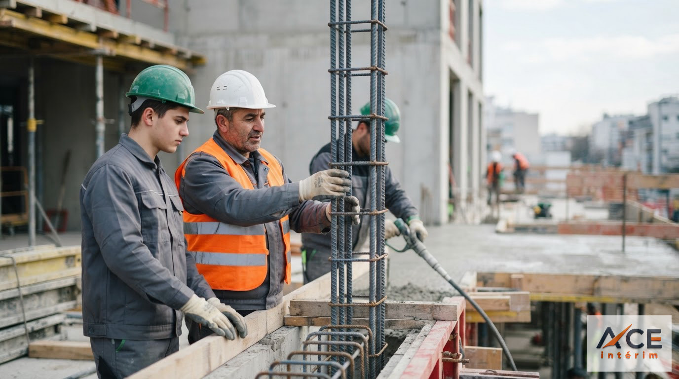 Une équipe de maçons travaille en coordination sur une structure en béton.