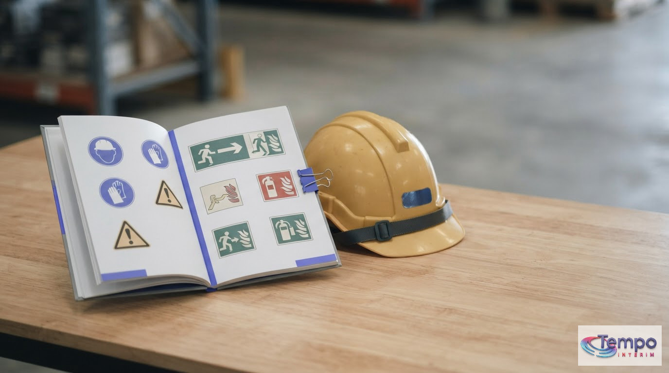 Un livret de sécurité bilingue franco-roumain posé à côté d'un casque de chantier.