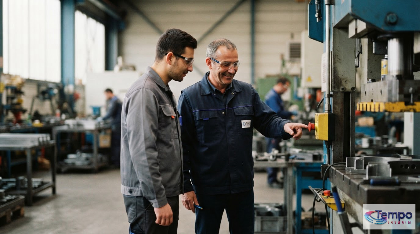 Un tuteur français expliquant le fonctionnement d'une machine à un ouvrier roumain.