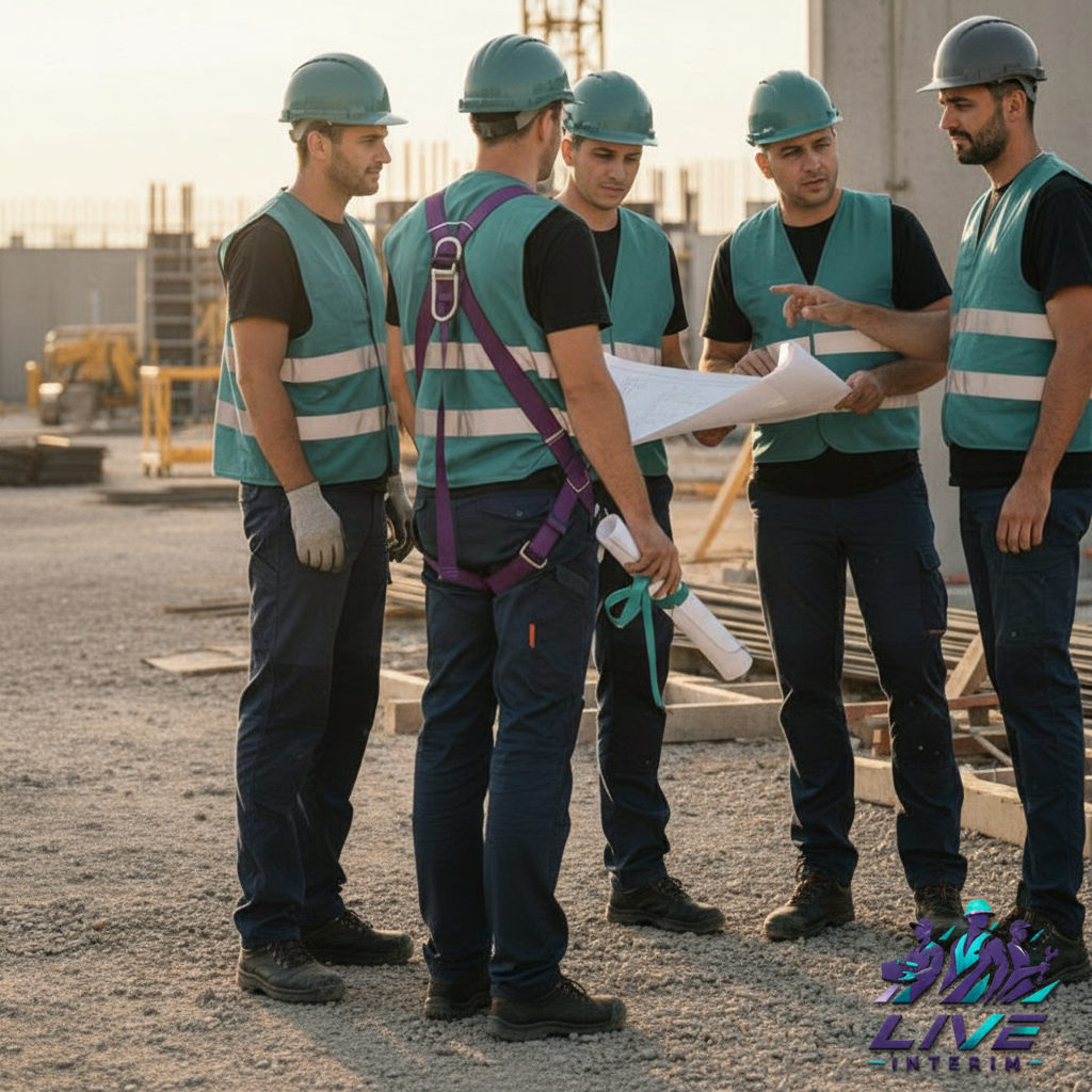 Ouvriers roumains sur un chantier français en sécurité.