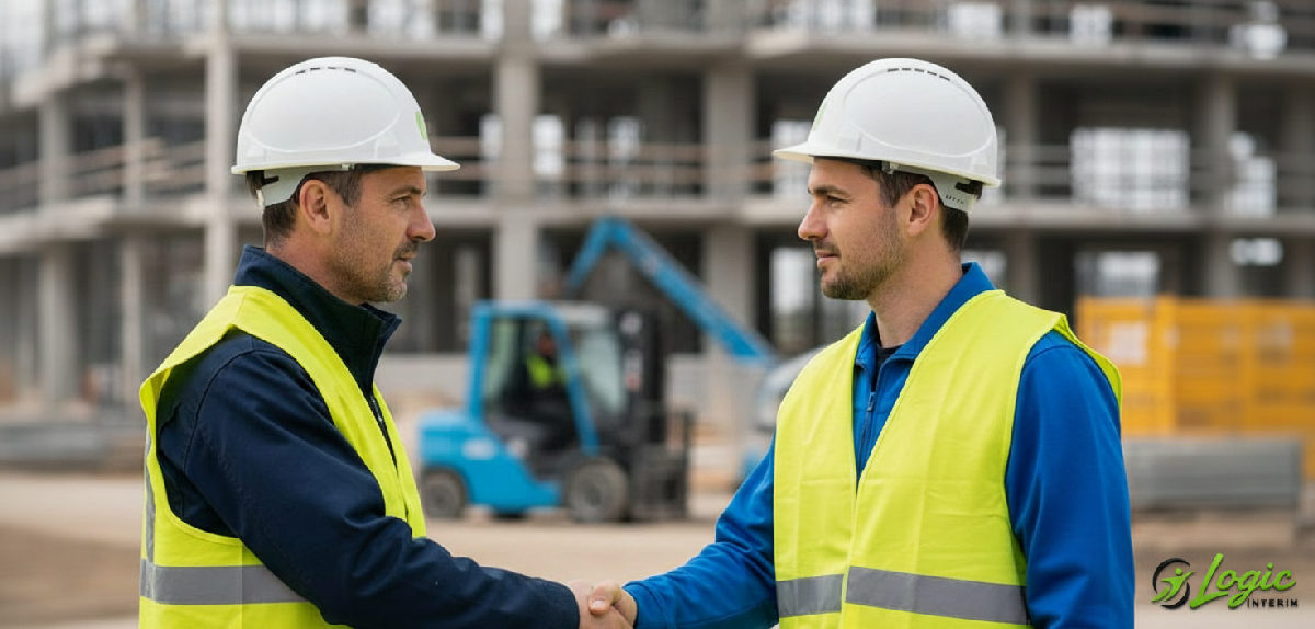 Superviseur français et travailleur roumain sur un chantier.