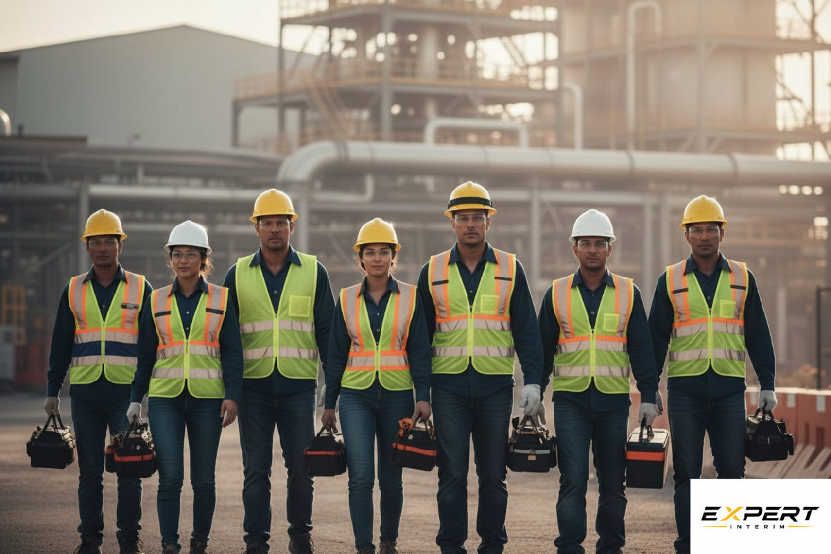 Travailleurs qualifiés arrivent sur un site industriel en protection.