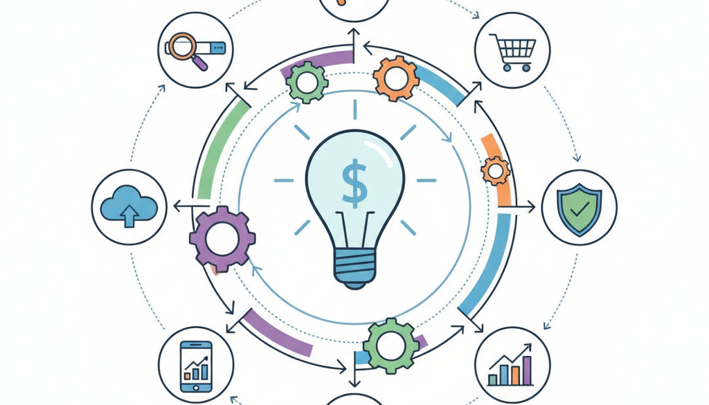 Infografika ilustrující ikony digitálního marketingu spojené v kruhu.