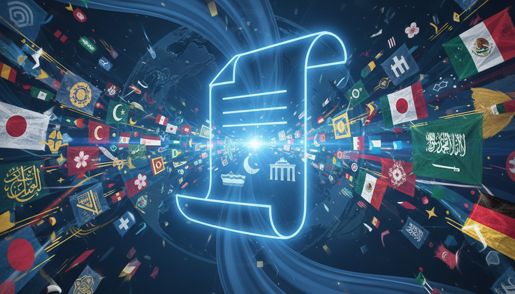 AI translates a document across cultures with flags and symbols.