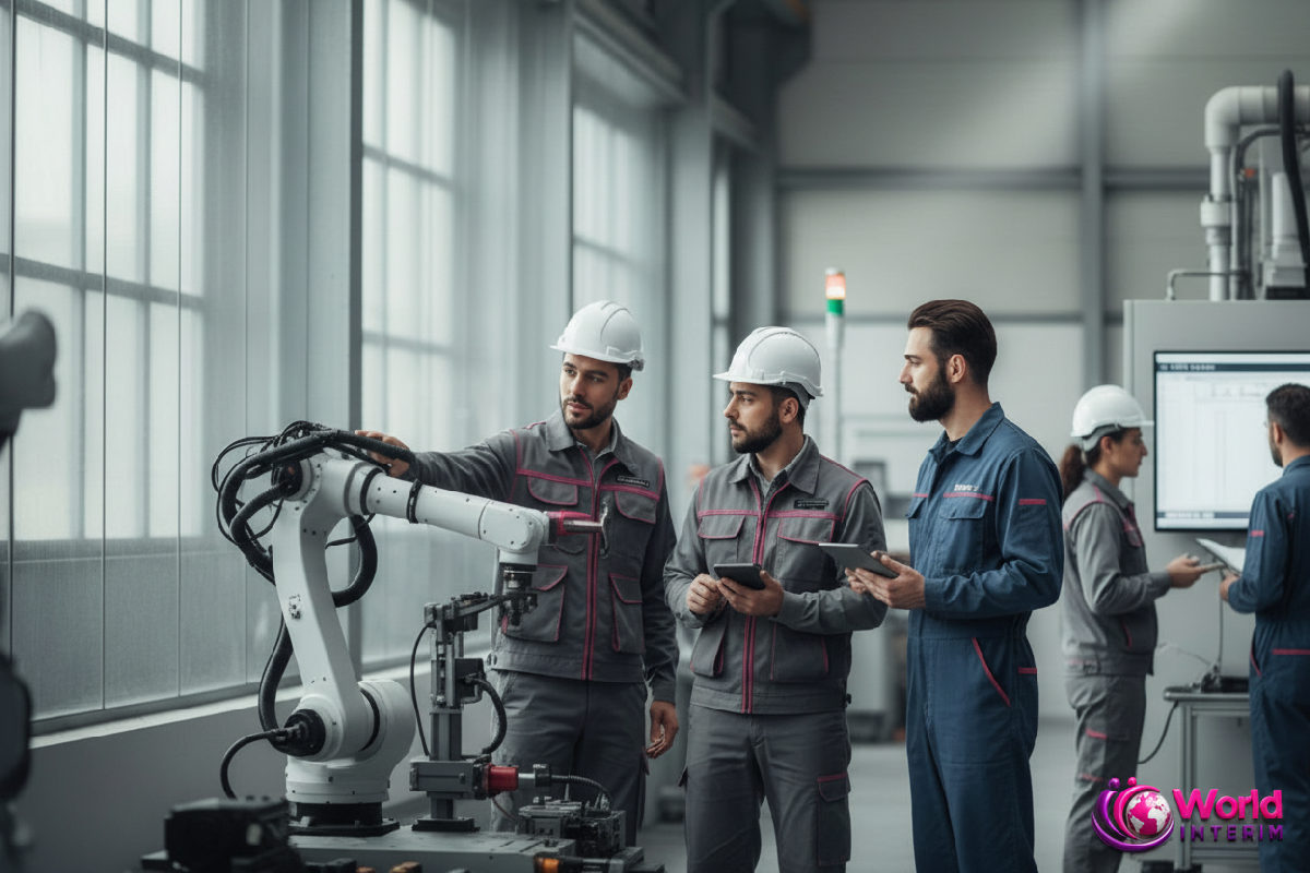 Travailleurs roumains et français collaborant sur un projet industriel.