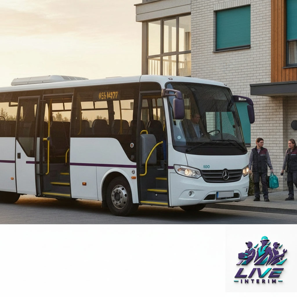 Minibus arrivant devant un logement pour travailleurs.