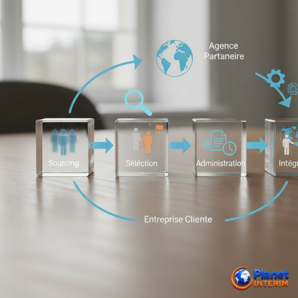 Infographie: processus simplifié de recrutement international par agence.