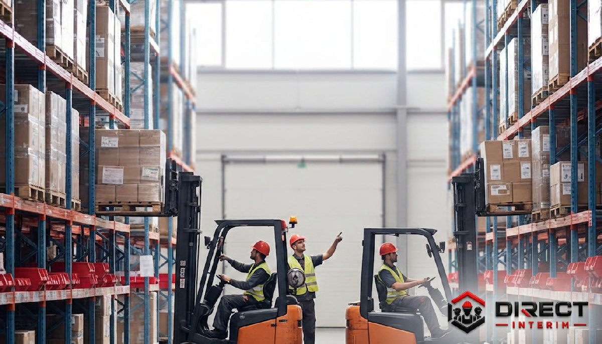 Équipe logistique en action dans un entrepôt moderne.