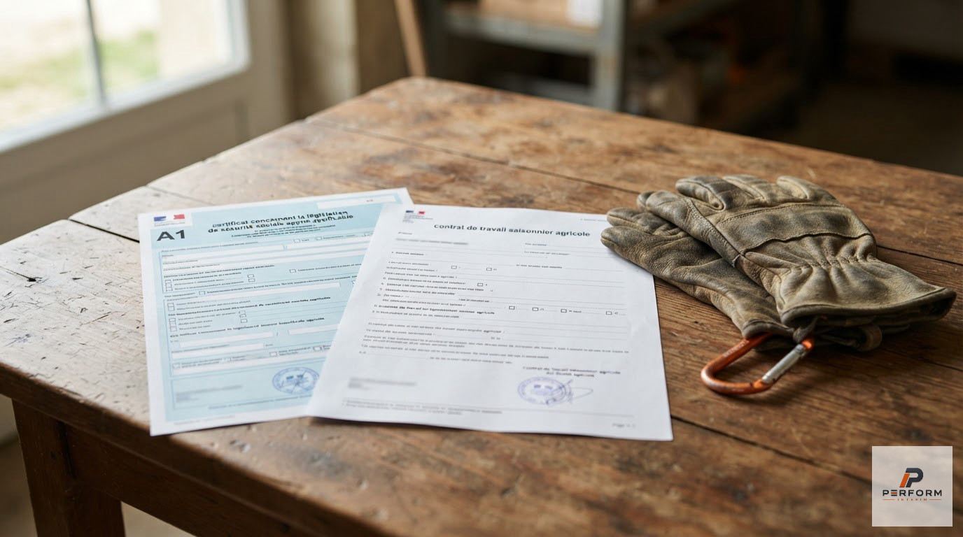 Un contrat agricole et un formulaire A1 posés sur une table en bois.