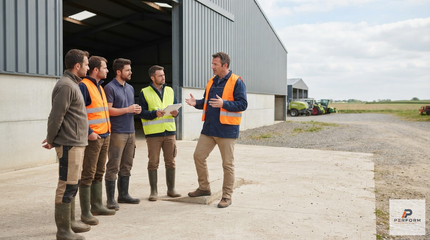Des travailleurs agricoles en gilets de sécurité écoutant des consignes devant un hangar.