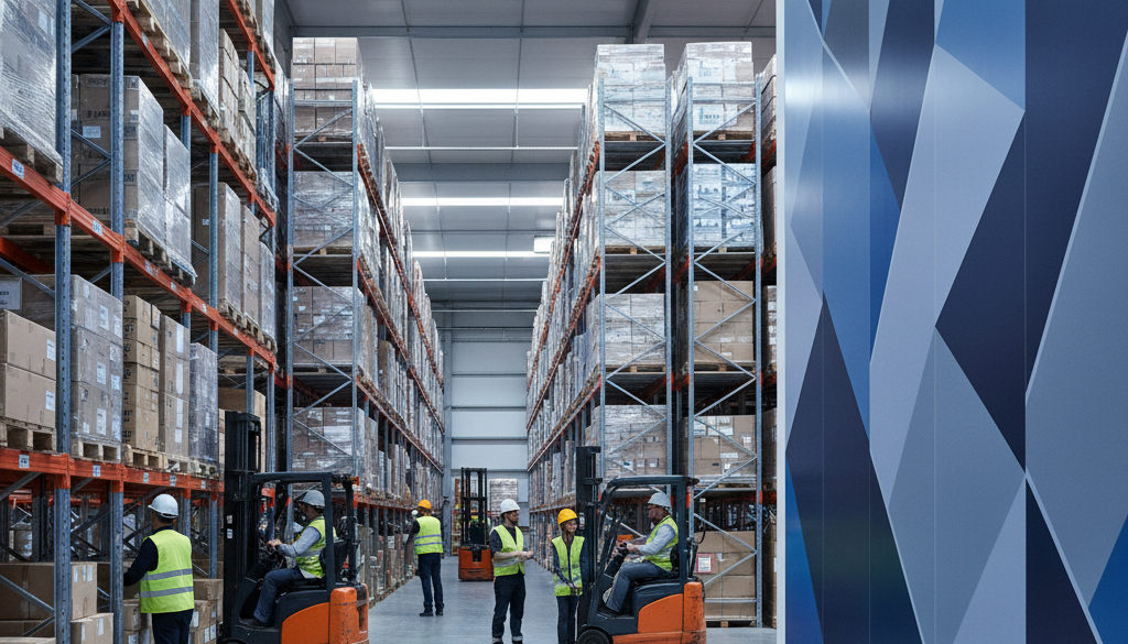 détachement roumains logistique - Entrepôt logistique en France avec des chariots élévateurs en action.