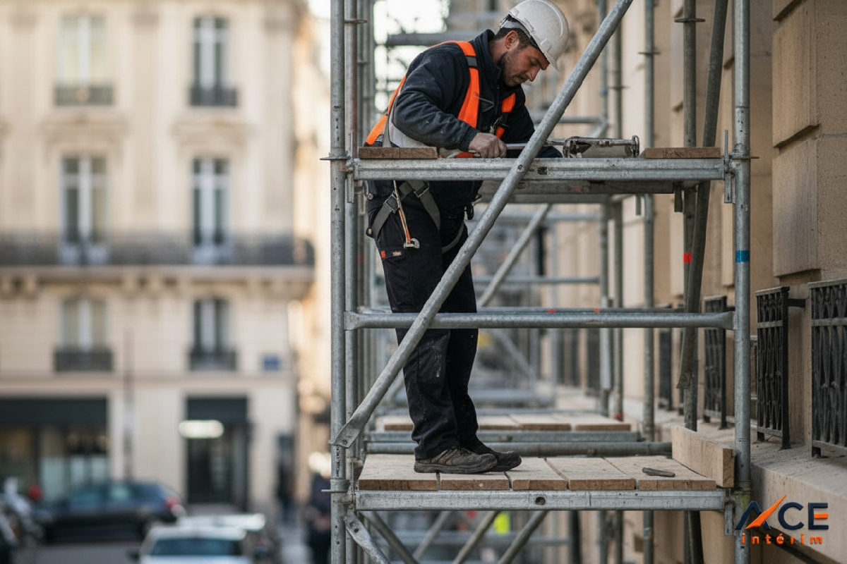 quelles assurances pour ouvriers détachés en france - Ouvrier travaillant en sécurité sur un échafaudage en France.