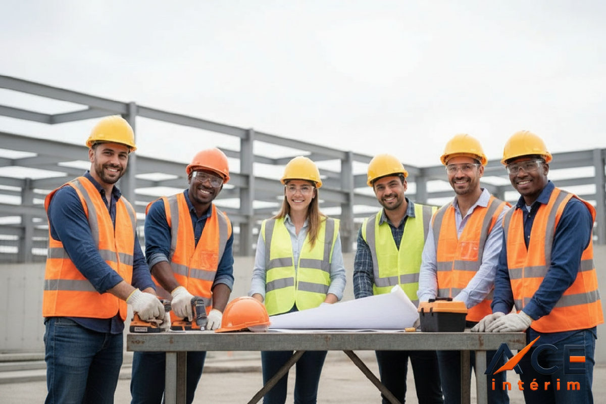 Équipe d'ouvriers détachés souriants sur un chantier industriel.