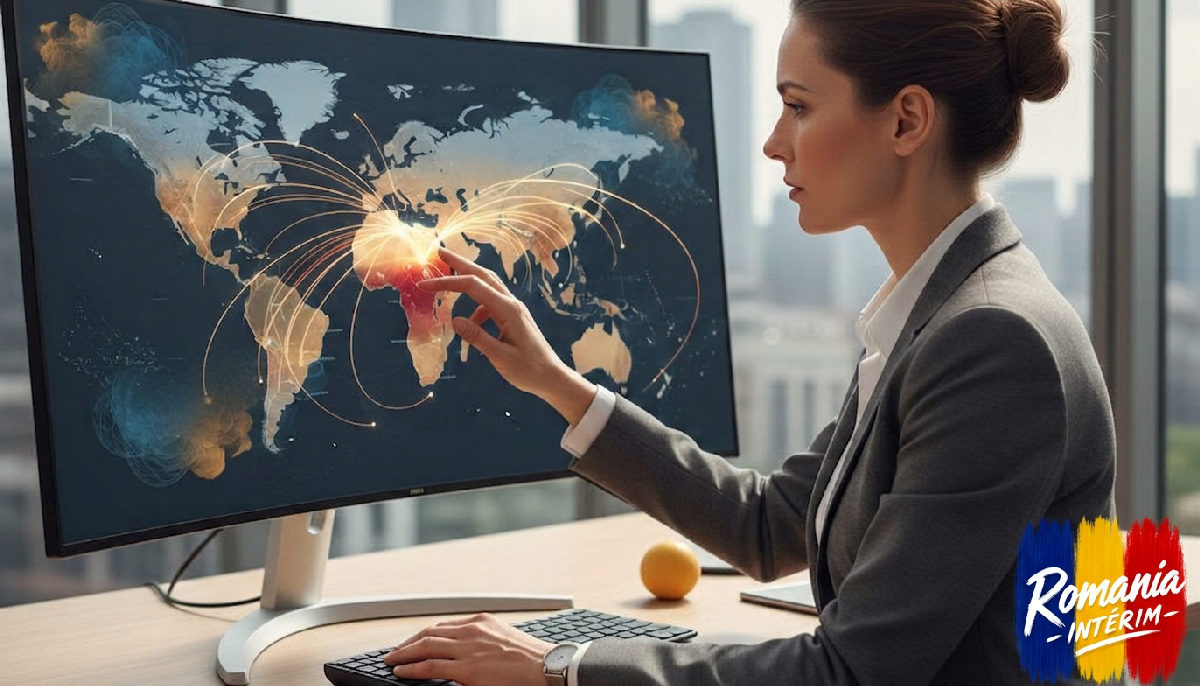 optimisation rh intérim international - Directeur RH analysant une carte du monde des flux de talents international.