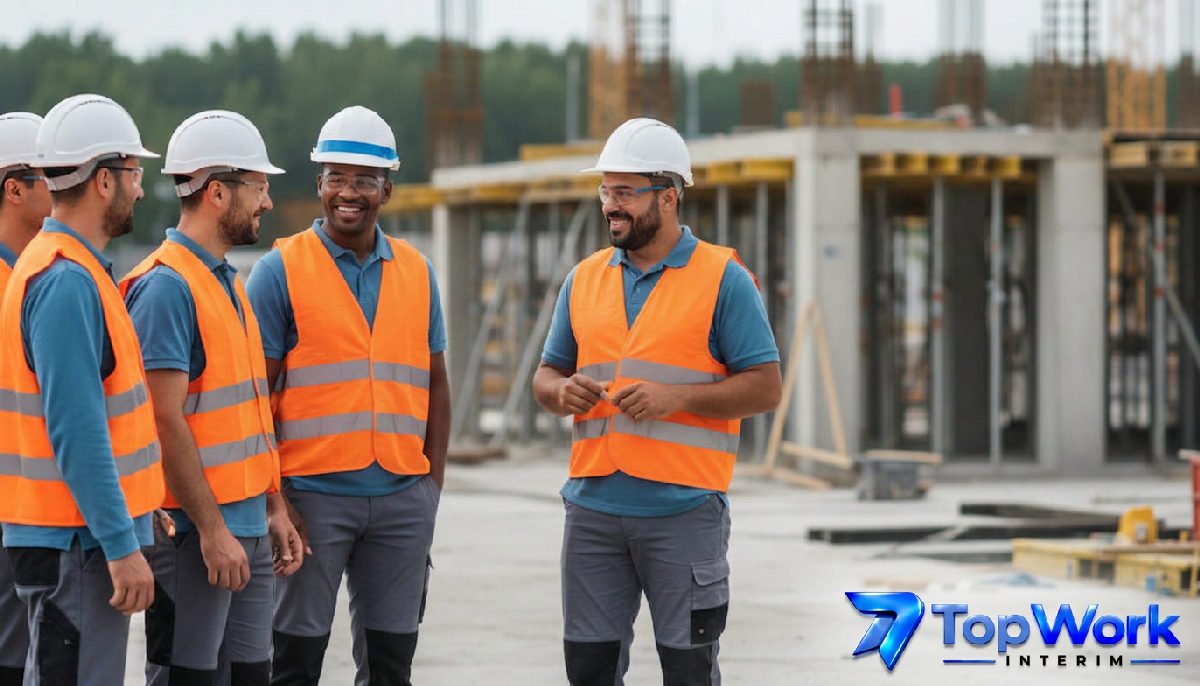 Un groupe d'ouvriers roumains et français échangeant de manière cordiale sur un chantier de construction, illustrant l'intégration réussie des travailleurs étrangers.