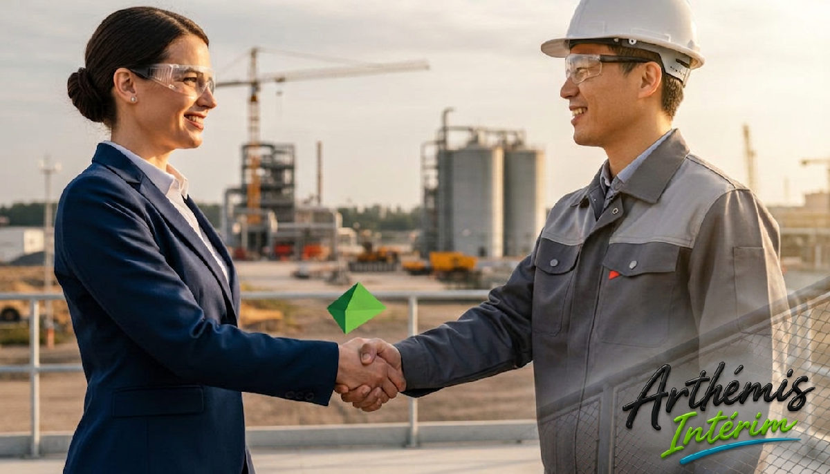 Poignée de main entre professionnels sur site industriel, recrutement international réussi.