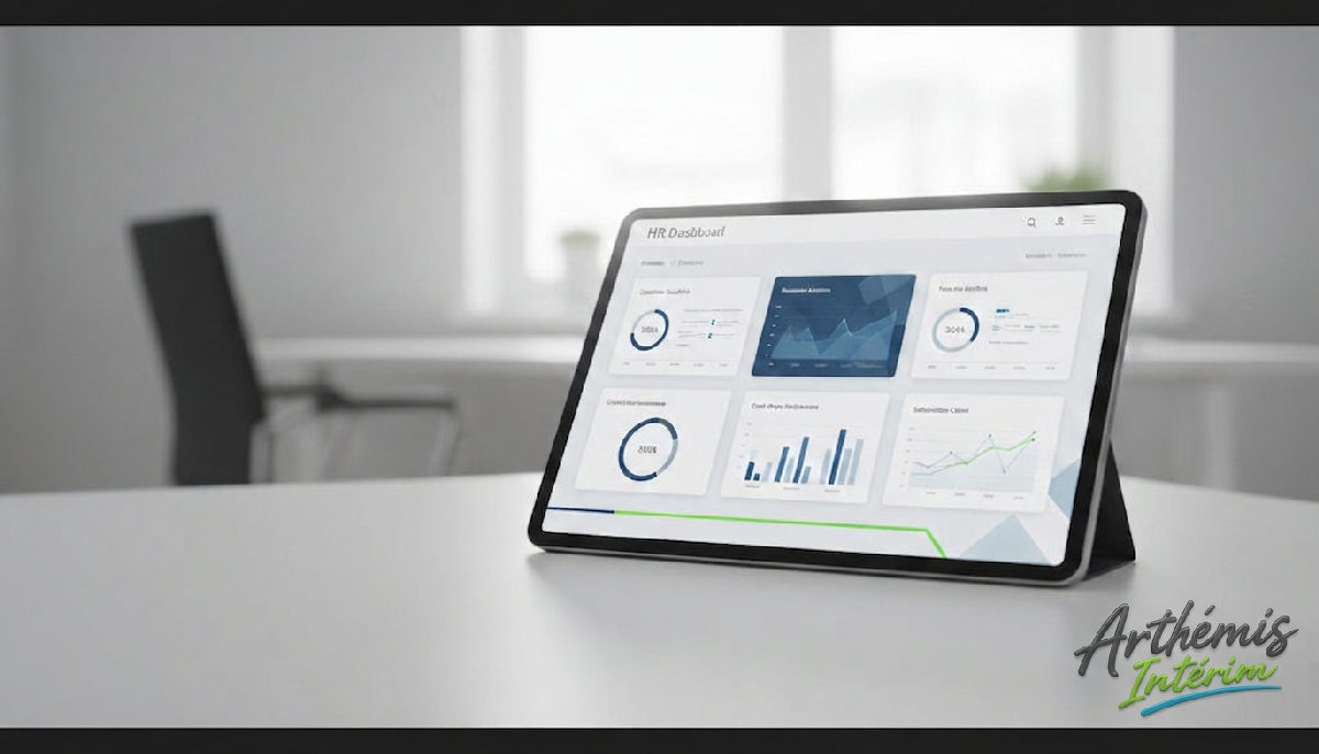 Tablette affichant un tableau de bord RH numérique pour la gestion d'intérim.